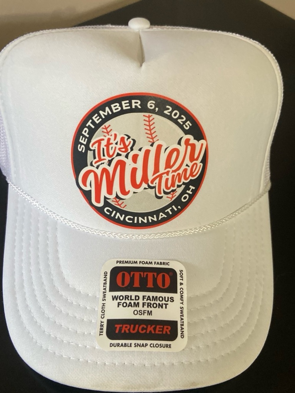 OTTO White Trucker Hat with Red and Black 'It's Miller Time' Patch